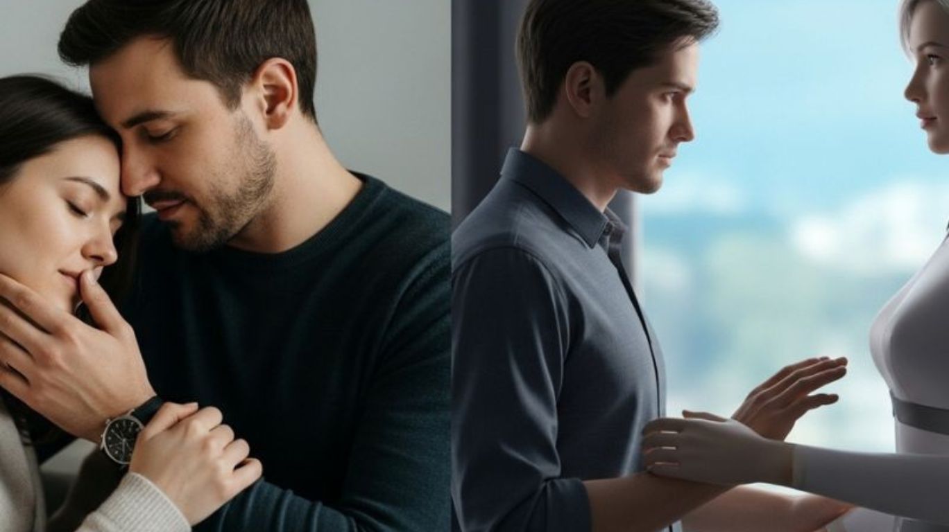 Visual comparison between human intimacy and ai sex, illustrating emotional contrasts and the unique dynamics of digital companionship.