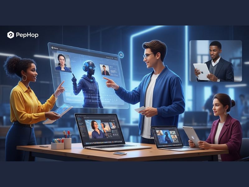 User-friendly AI character design on PepHop platform showcasing virtual interaction and creativity tools