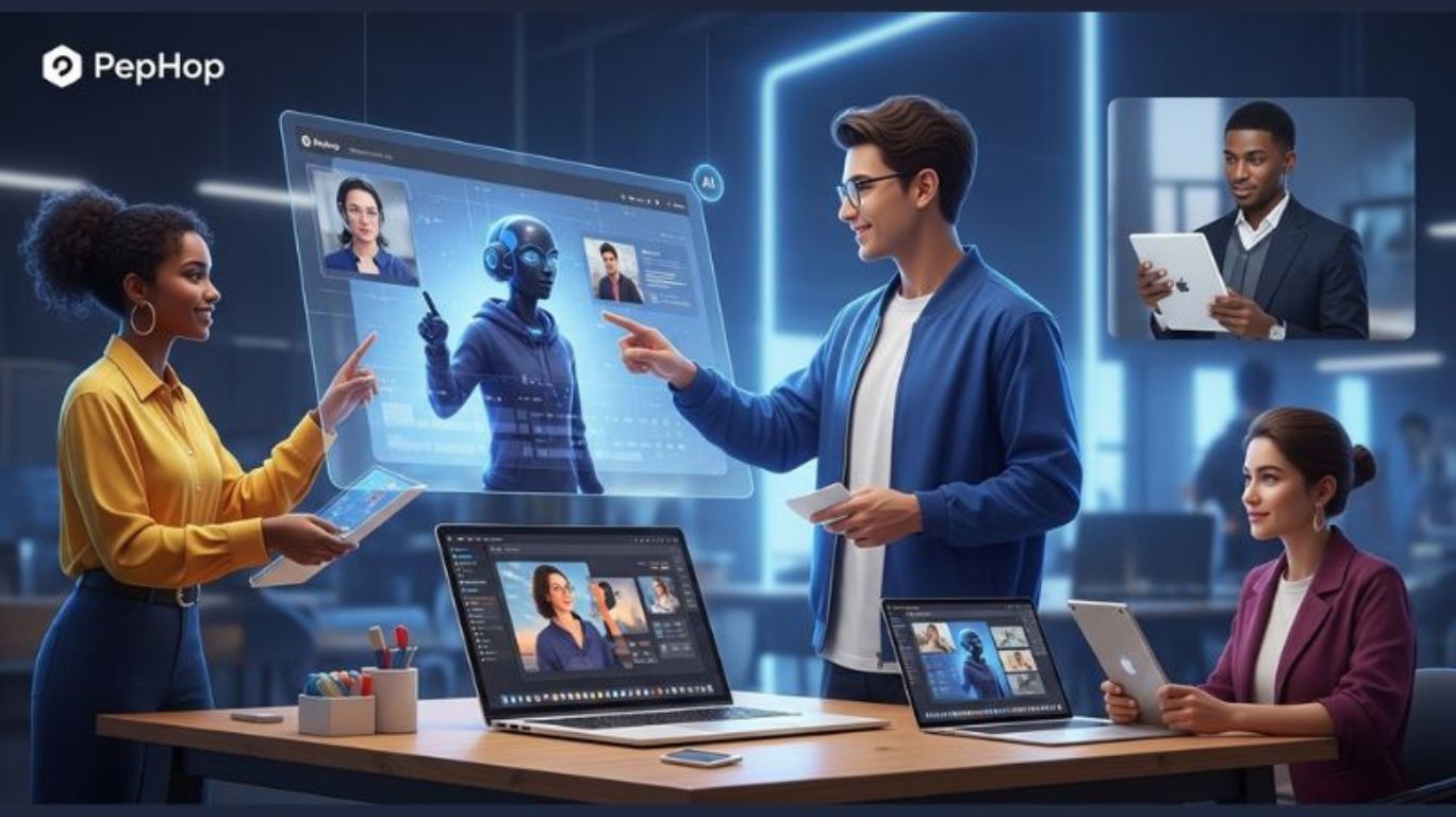 User-friendly AI character design on PepHop platform showcasing virtual interaction and creativity tools