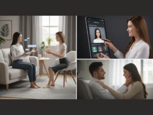 Collage of sexy AI interactions, user customization interface, and emotional digital connection, reflecting the rising popularity of sexy AI in today’s tech-driven world.