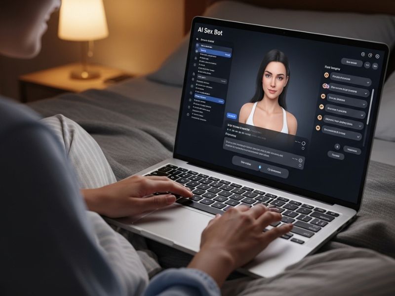 User interacting with AI Sex Bots in a safe, private space, highlighting the personalized and controlled appeal of AI-driven intimacy.