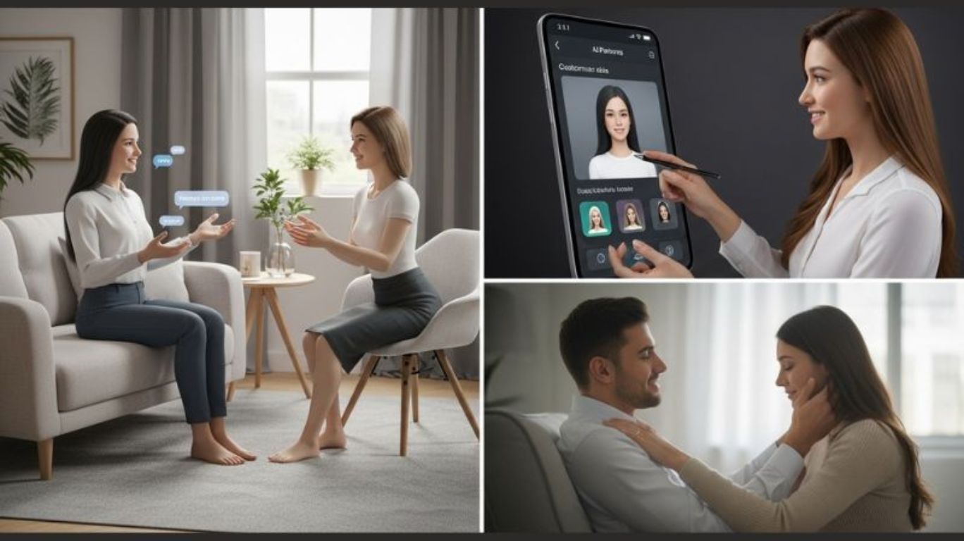 Collage of sexy AI interactions, user customization interface, and emotional digital connection, reflecting the rising popularity of sexy AI in today’s tech-driven world.