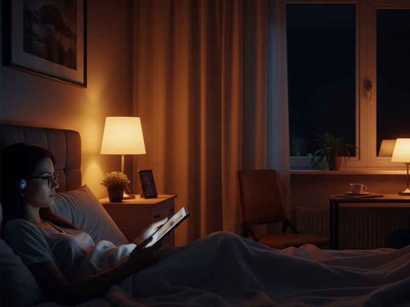 Person reading a digital tablet in a cozy bedroom, symbolizing immersive fantasy from the NSFW AI Story Generator.
