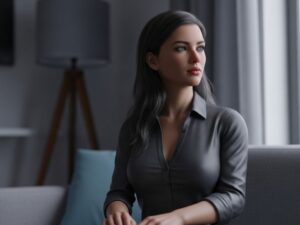 A realistic humanoid sex robot sits alone in a modern apartment, symbolizing the evolving role of sex robots in human connection, AI companionship, and emotional technology.