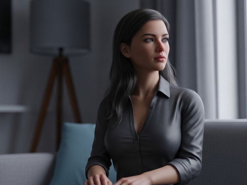 A realistic humanoid sex robot sits alone in a modern apartment, symbolizing the evolving role of sex robots in human connection, AI companionship, and emotional technology.