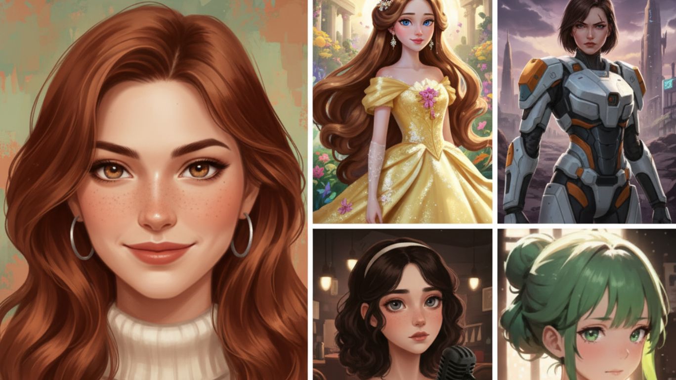 Collage of AI-generated girls created with AI girl generator including realistic anime fantasy and futuristic styles