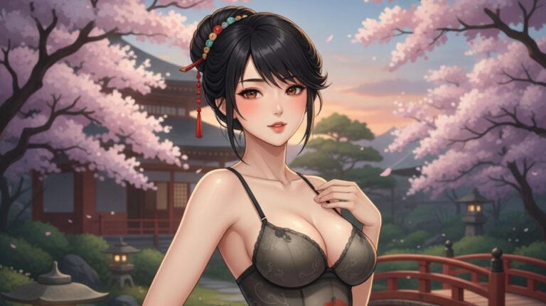 Elegant anime-style woman in a Japanese garden with cherry blossoms, created using ai hentai generator tools to showcase artistic detail and creativity
