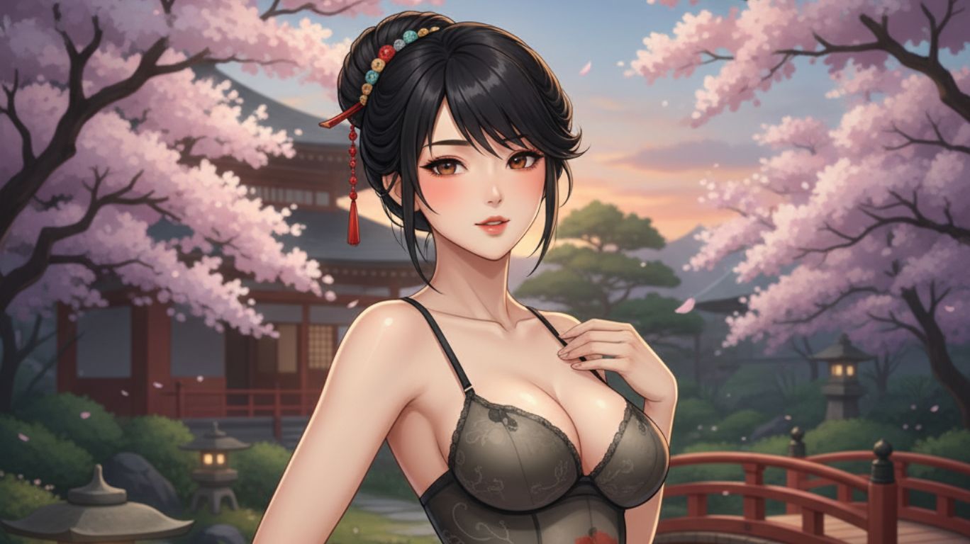 Elegant anime-style woman in a Japanese garden with cherry blossoms, created using ai hentai generator tools to showcase artistic detail and creativity