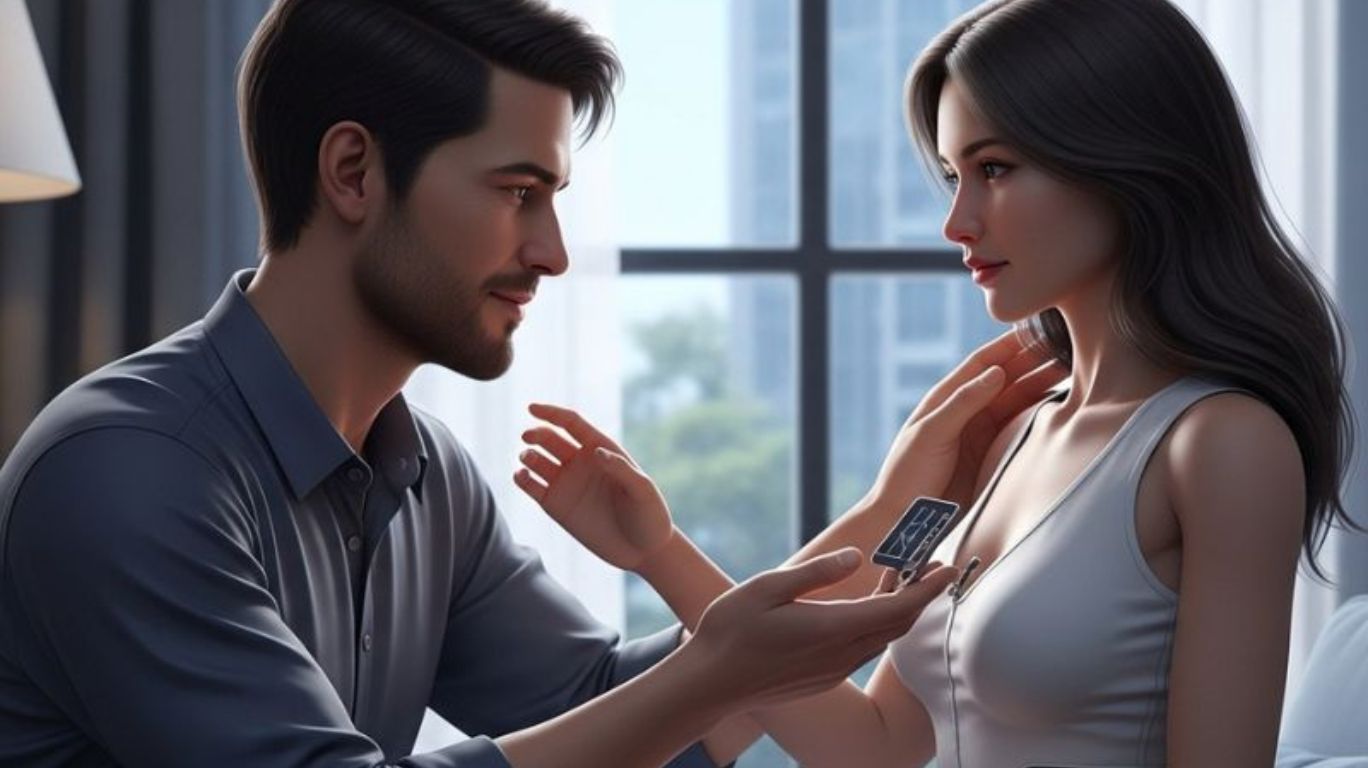 A human connecting emotionally with an AI companion, symbolizing the evolving landscape of AI sex and modern intimacy through technology.