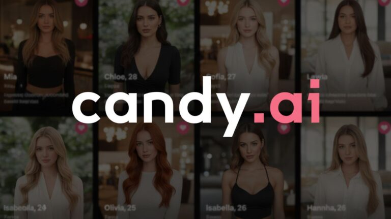 Candy AI dating app interface showing realistic AI generated women profiles with names ages and profile details on a modern dark background
