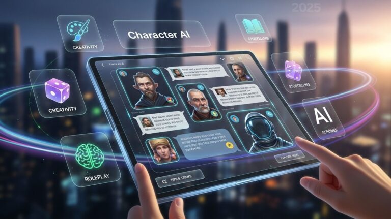 Futuristic digital interface showing roleplay and storytelling features powered by character ai technology