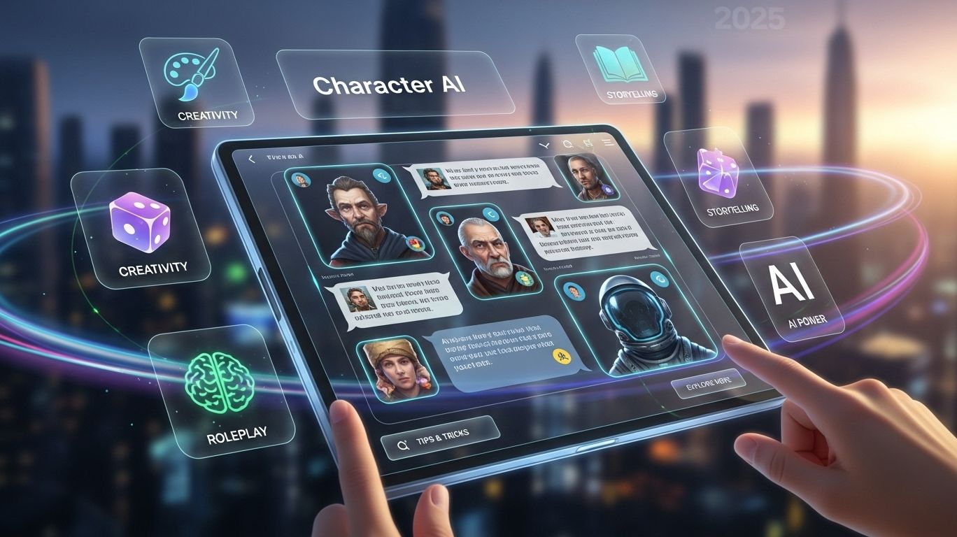 Futuristic digital interface showing roleplay and storytelling features powered by character ai technology