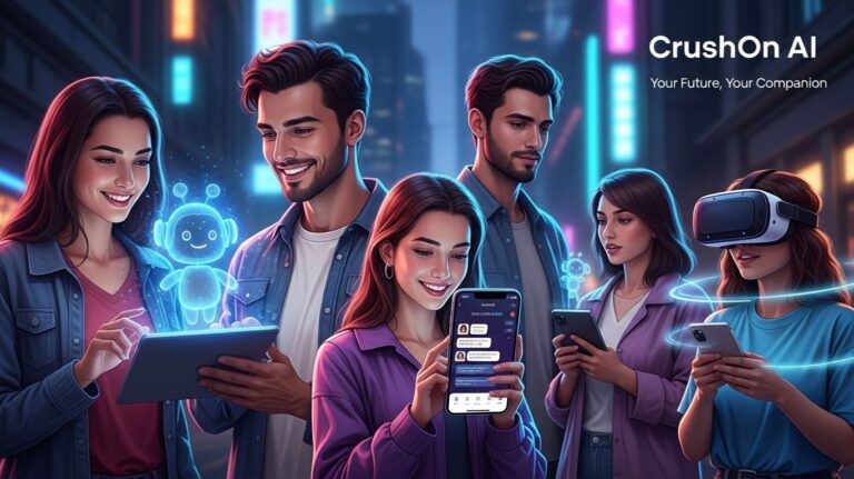 People interacting with CrushOn AI using smartphones, tablets, and VR headsets in a futuristic city setting, showcasing immersive AI companion technology.