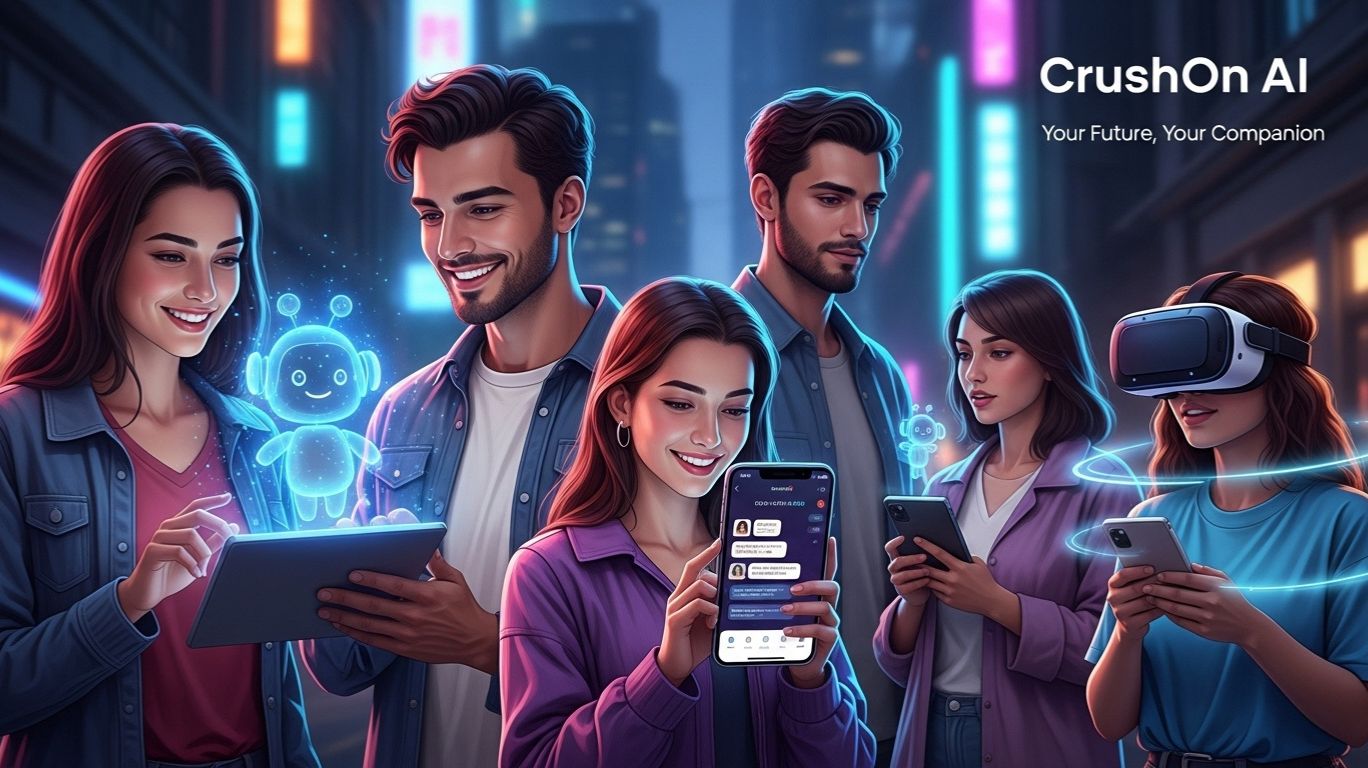 People interacting with CrushOn AI using smartphones, tablets, and VR headsets in a futuristic city setting, showcasing immersive AI companion technology.