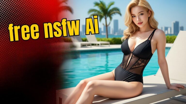 Free NSFW AI banner featuring digital artwork of a blonde woman in black swimsuit lounging by pool with cityscape background