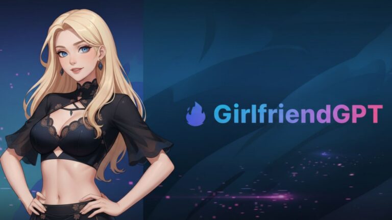GirlfriendGPT AI companion featuring anime style blonde woman in black lace outfit with blue and pink logo on futuristic digital background