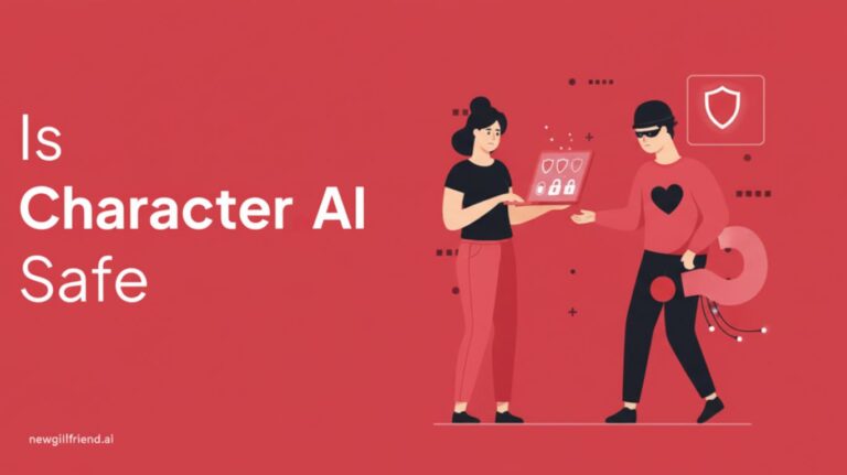 Illustration with the question is character ai safe, showing people discussing online security with symbols of locks, shields, and safety icons.