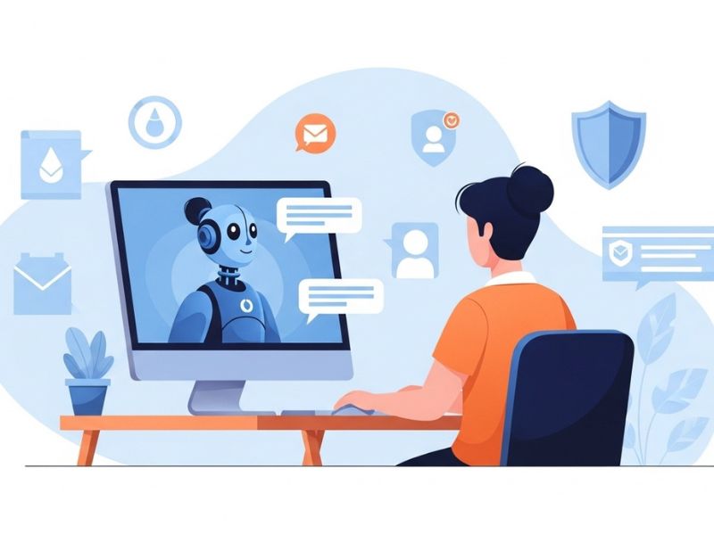 User chatting with an AI character on a secure computer, exploring the question: is character ai safe in online interactions.