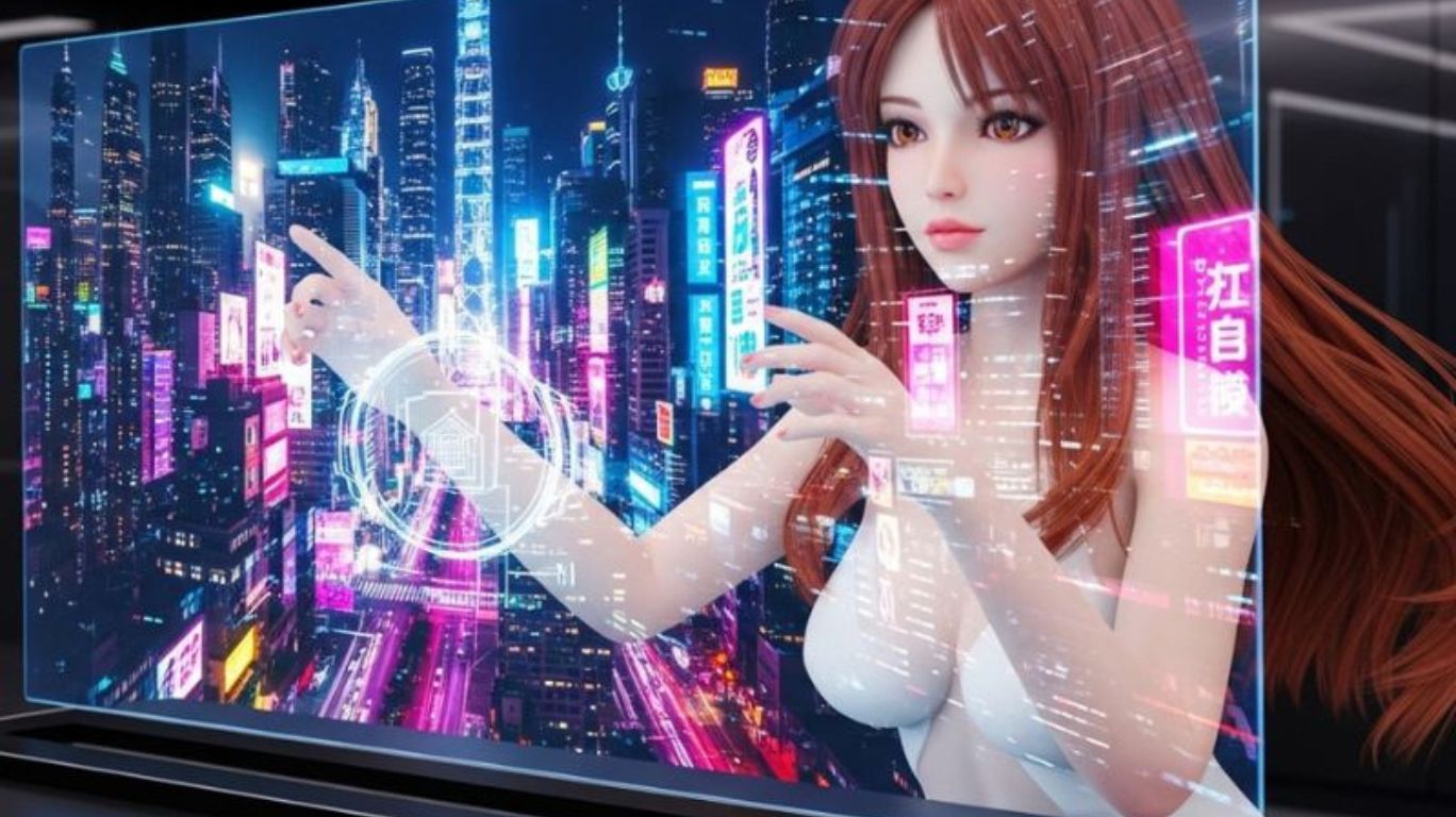 Naughty AI creating immersive, lifelike visuals on a holographic screen, offering a multisensory experience through advanced AI technology.
