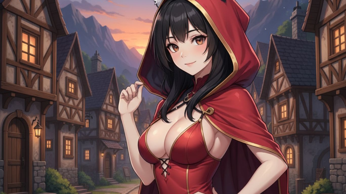 Anime girl in a red hood with wolf ears standing in a fantasy village at sunset, showcasing creative artwork designed with naughty ai tools
