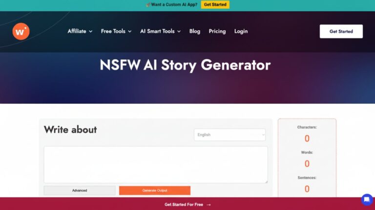 Website interface of an nsfw ai story generator showing a prompt input box, character counter, and generate output button for creating AI-powered stories