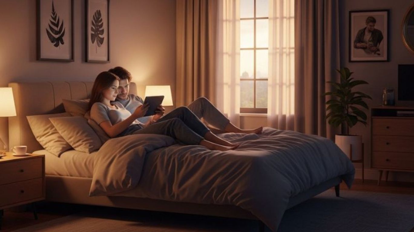 Couple reading a tablet together in bed, exploring fantasies with the NSFW AI Story Generator in a warm, intimate setting.