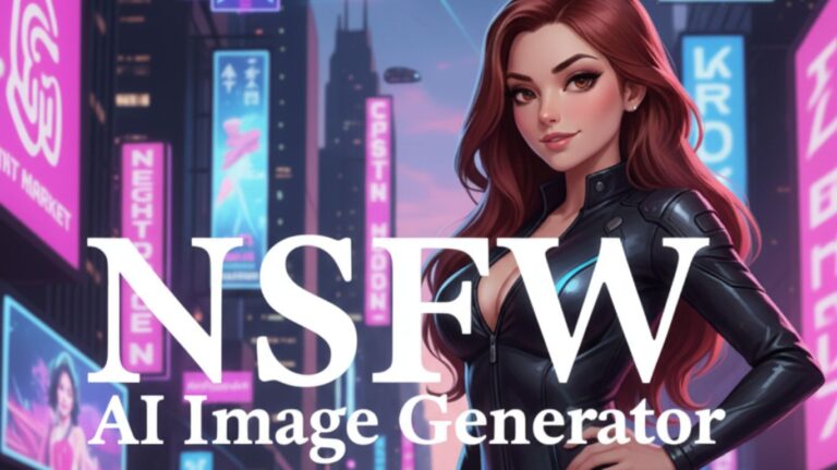 Futuristic artwork of a woman in leather outfit promoting NSFW image generator AI tool with neon city background