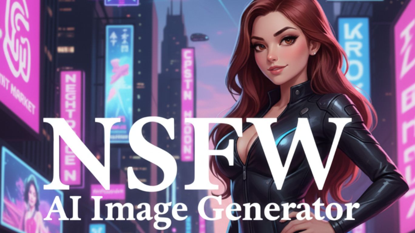 Futuristic artwork of a woman in leather outfit promoting NSFW image generator AI tool with neon city background