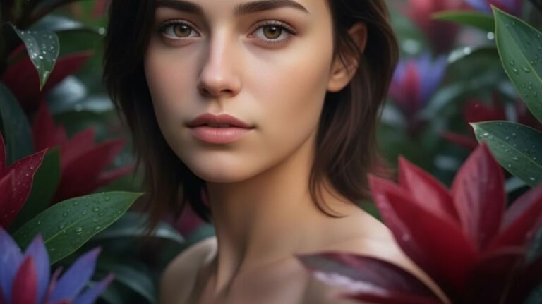 Realistic nude AI portrait of a beautiful woman with natural skin tone soft expression and surrounded by tropical flowers in a photorealistic style