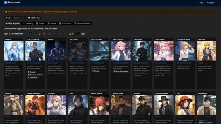 Pephop AI character creation platform interface showing popular male and female avatars including fantasy sci fi and anime style profiles on PersonaNet