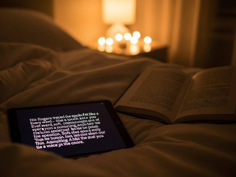 A cozy bedroom with a tablet and open book featuring erotic stories, symbolizing the immersive appeal of porn with text.