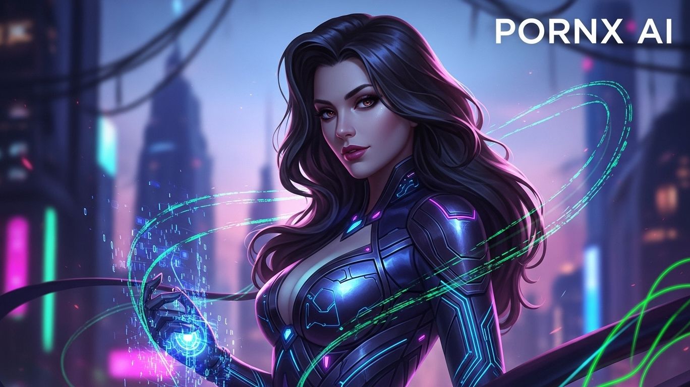 Futuristic cyberpunk artwork of a woman in glowing armor promoting PornX AI advanced artificial intelligence platform
