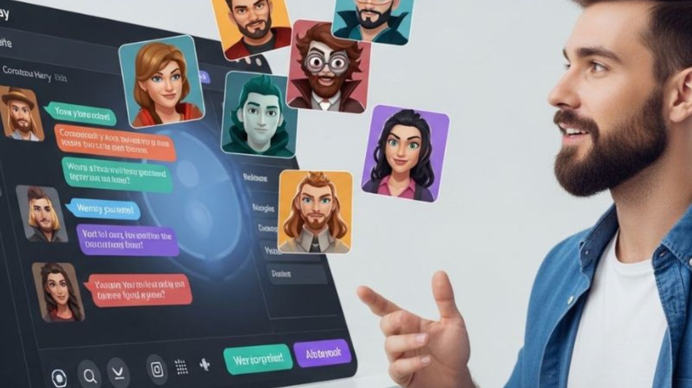 User interacting with a roleplay AI chat bot for storytelling and emotional companionship, featuring customizable characters and immersive digital conversation.