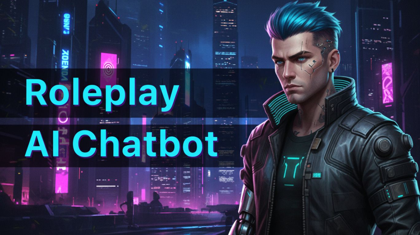 Cyberpunk artwork of futuristic male character with neon lights promoting roleplay AI chatbot platform