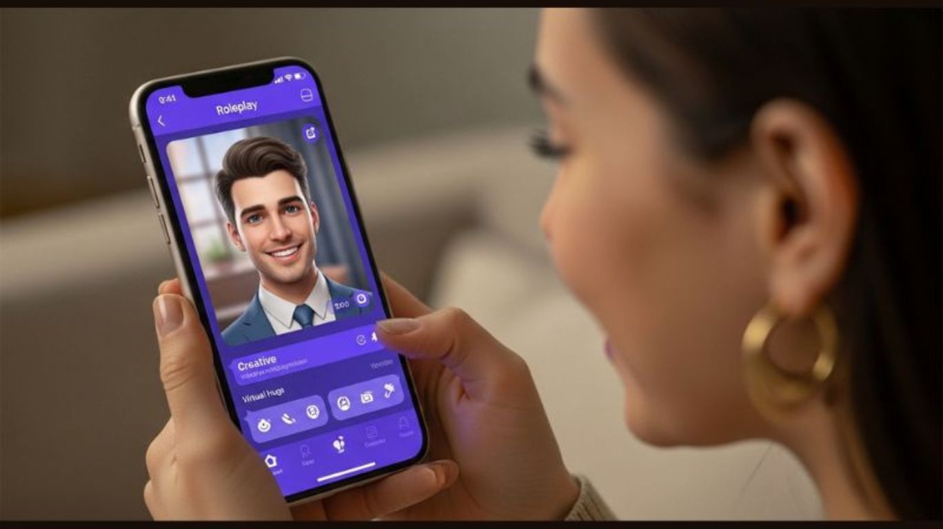 Person interacting with a roleplay AI chat bot acting as a digital companion or boyfriend, offering fun, emotional support, and customizable conversation experiences.