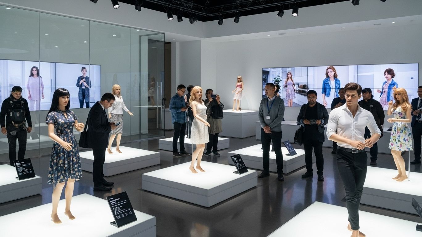 Futuristic display of sex robots with lifelike designs, showing growing mainstream interest and technological advancement.