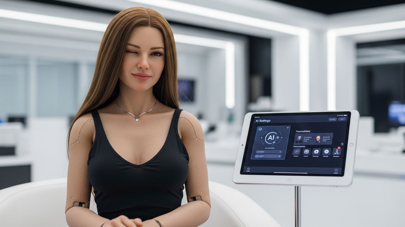 Prototype of advanced sex robots with lifelike facial expressions, AI personality customization, and limited robotic features in a modern showroom.