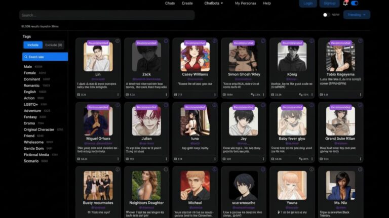 Spicy AI chatbot characters directory featuring male female dominant romantic and fantasy personas with recommended profiles like Lin Zack Casey Williams and more on a dark themed interface