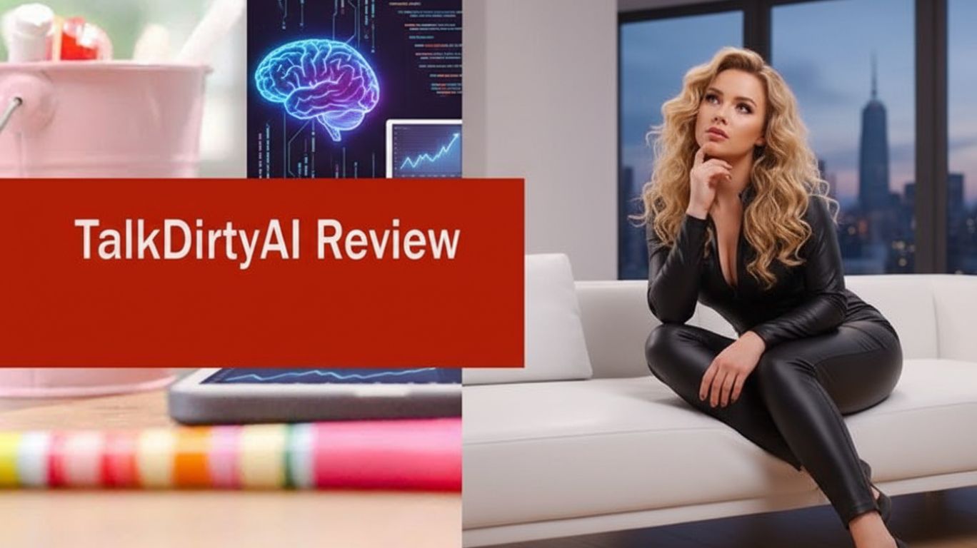 TalkDirtyAI review banner featuring a blonde woman in black outfit sitting on sofa with city skyline background