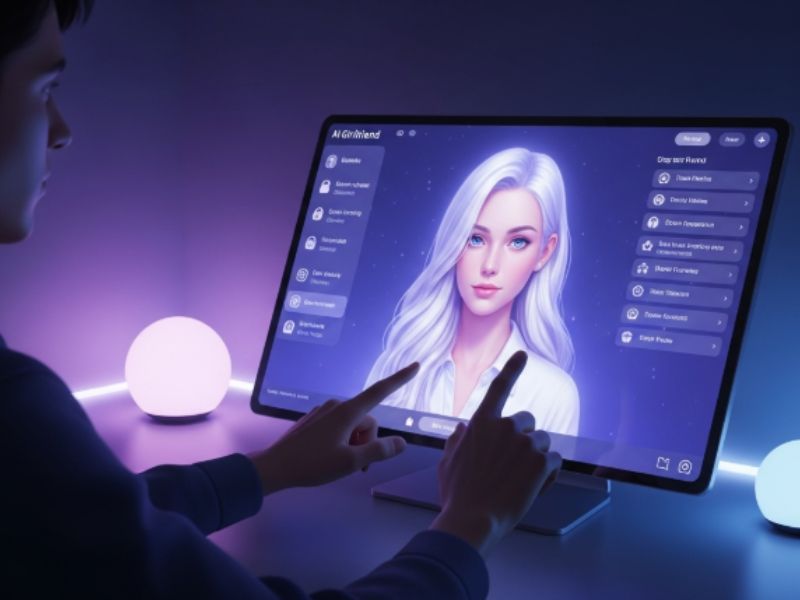 Realistic concept art of a user interacting with an AI girlfriend interface on a sleek digital screen, surrounded by soft ambient lighting. The scene suggests creativity, intimacy, and customization, reflecting the theme of How to Make AI Porn in a safe and imaginative environment.