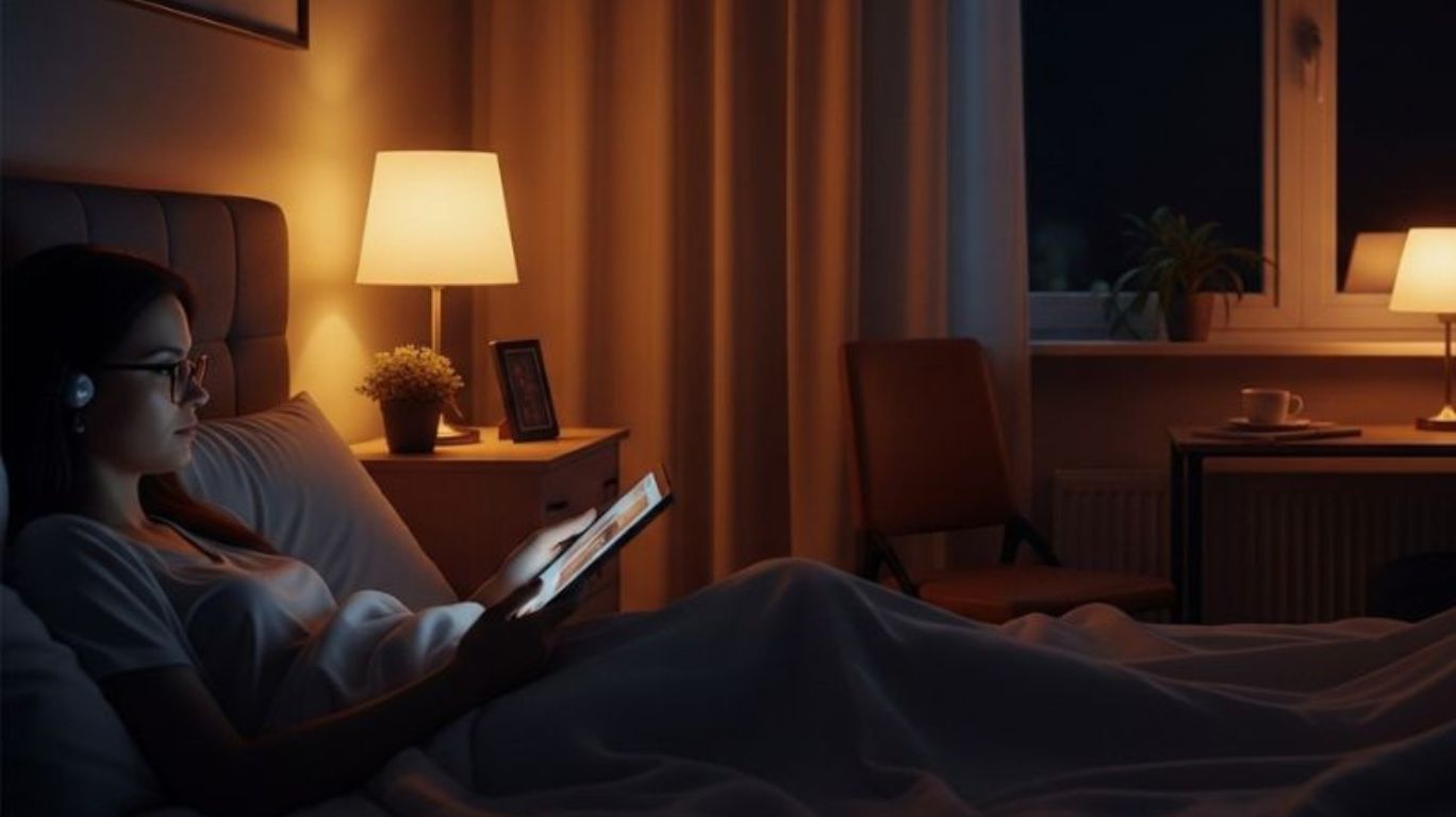 Person reading a digital tablet in a cozy bedroom, symbolizing immersive fantasy from the NSFW AI Story Generator.