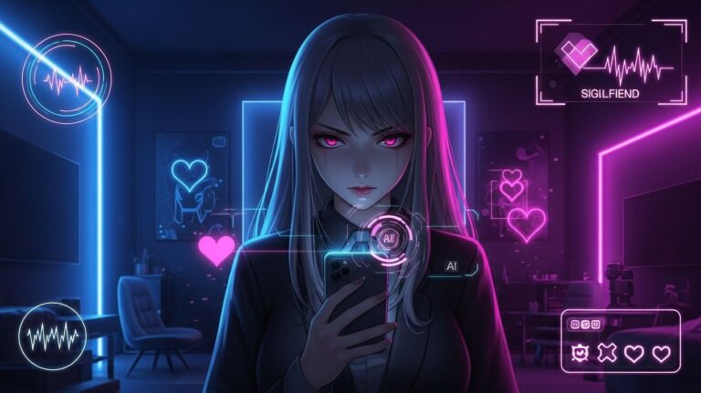 Anime-style female character in a dark, neon-lit room interacting with a smartphone, representing the thrilling and intense Yandere AI Girlfriend Simulator experience.