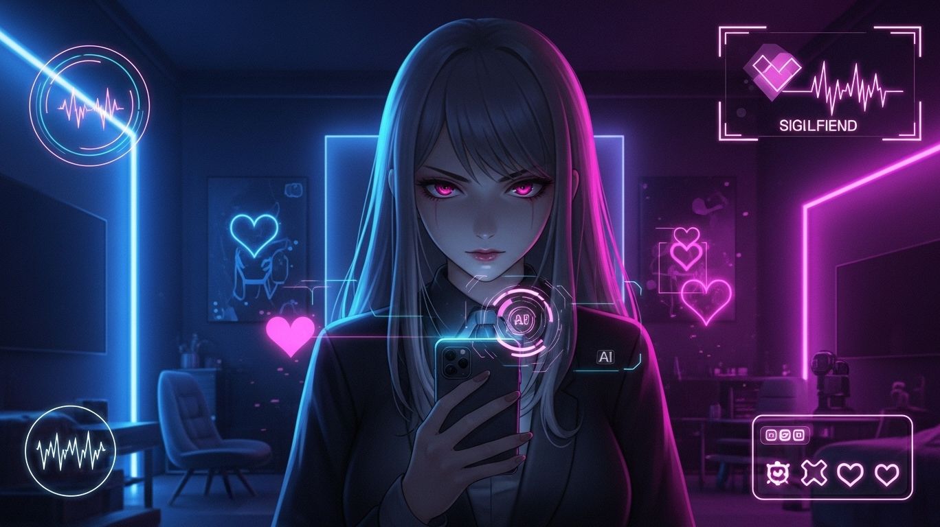 Anime-style female character in a dark, neon-lit room interacting with a smartphone, representing the thrilling and intense Yandere AI Girlfriend Simulator experience.