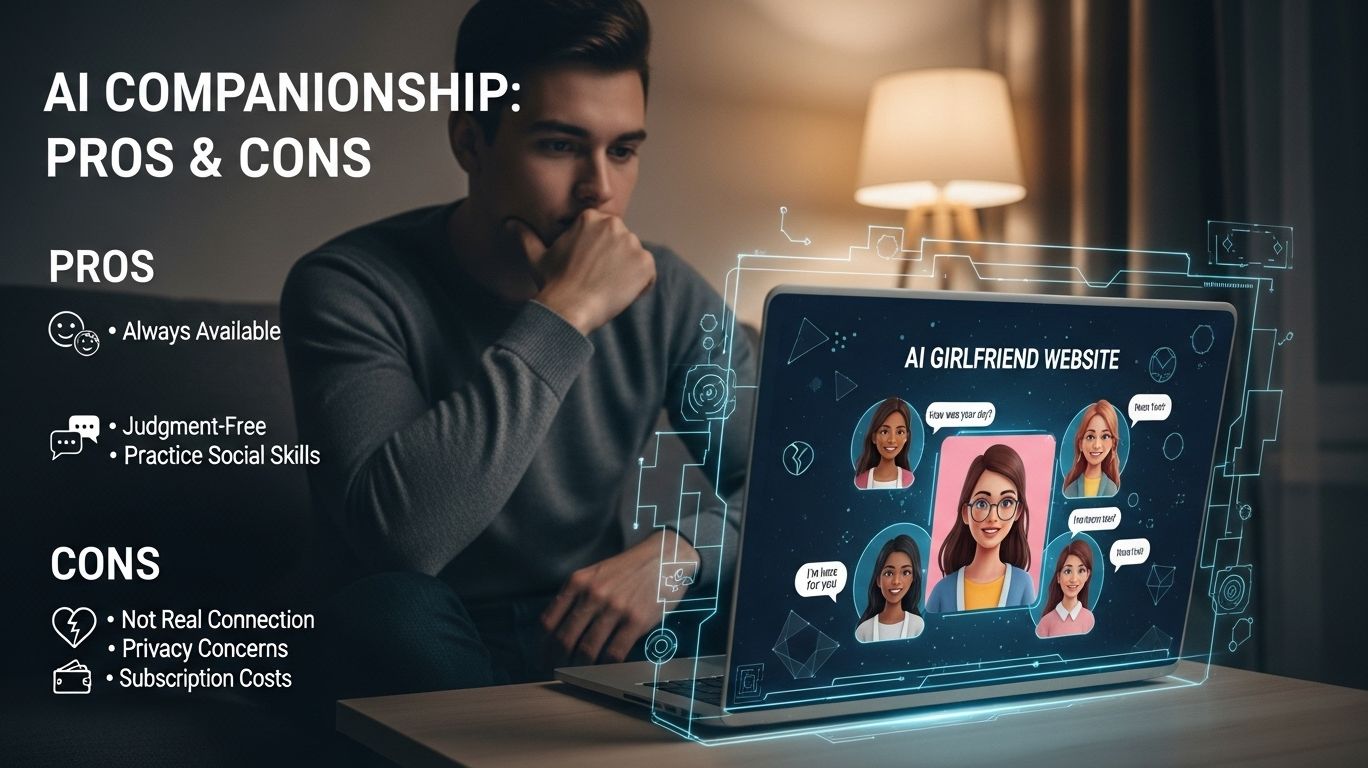 Illustration showing the advantages and considerations of AI girlfriend websites with a balanced view of pros and cons.