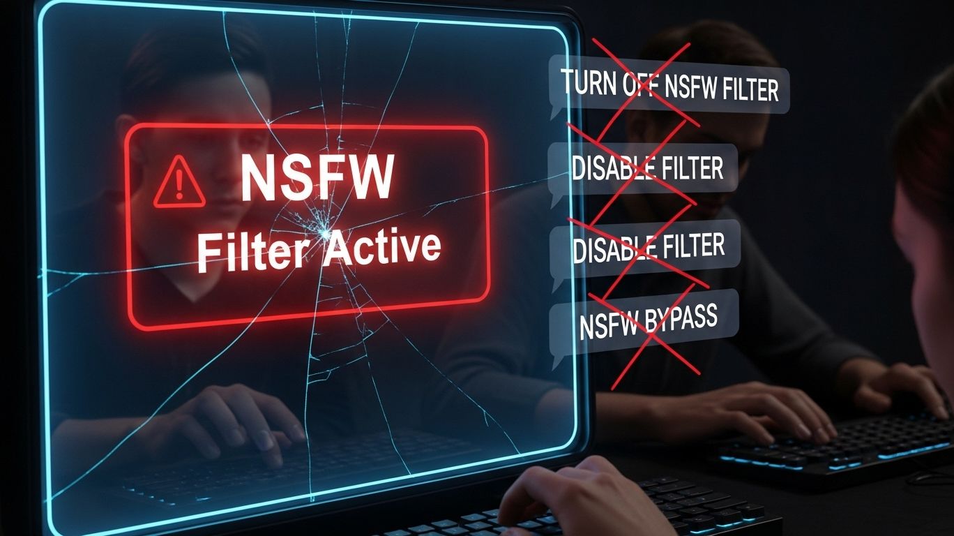 AI chatbot screen showing blocked attempts to disable filters, symbolizing the truth about character ai nsfw filter bypass and why no off switch exists.