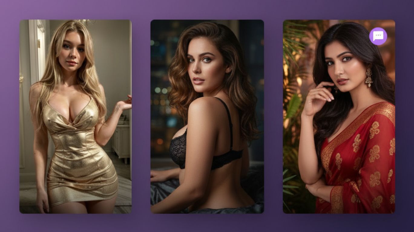 Chat with sexy AI featuring three virtual female avatars in glamorous outfits for digital intimacy and interactive conversations