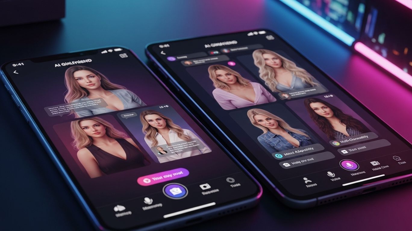 Visual concept of an ai girlfriend app nsfw showing lifelike digital companions with advanced features like voice conversations, memory retention, mood adaptability, and multi-character chats.