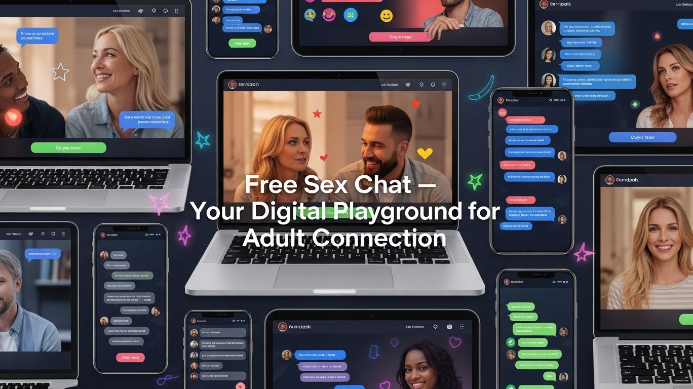Illustration of adults chatting anonymously online in themed rooms with text 'Free Sex Chat – Your Digital Playground for Adult Connection,' highlighting safe and playful digital interaction