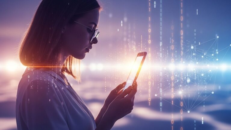 Woman using a smartphone with digital AI elements and data visualization, symbolizing the gf nsfw virtual girlfriend trend in technology and online intimacy.