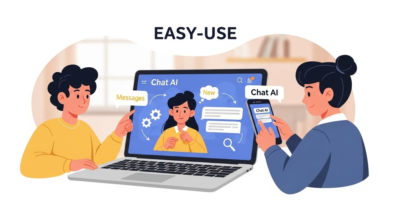Chat AI on laptop and smartphone screens, showing an easy-to-use chatbot interface for beginners and professionals.